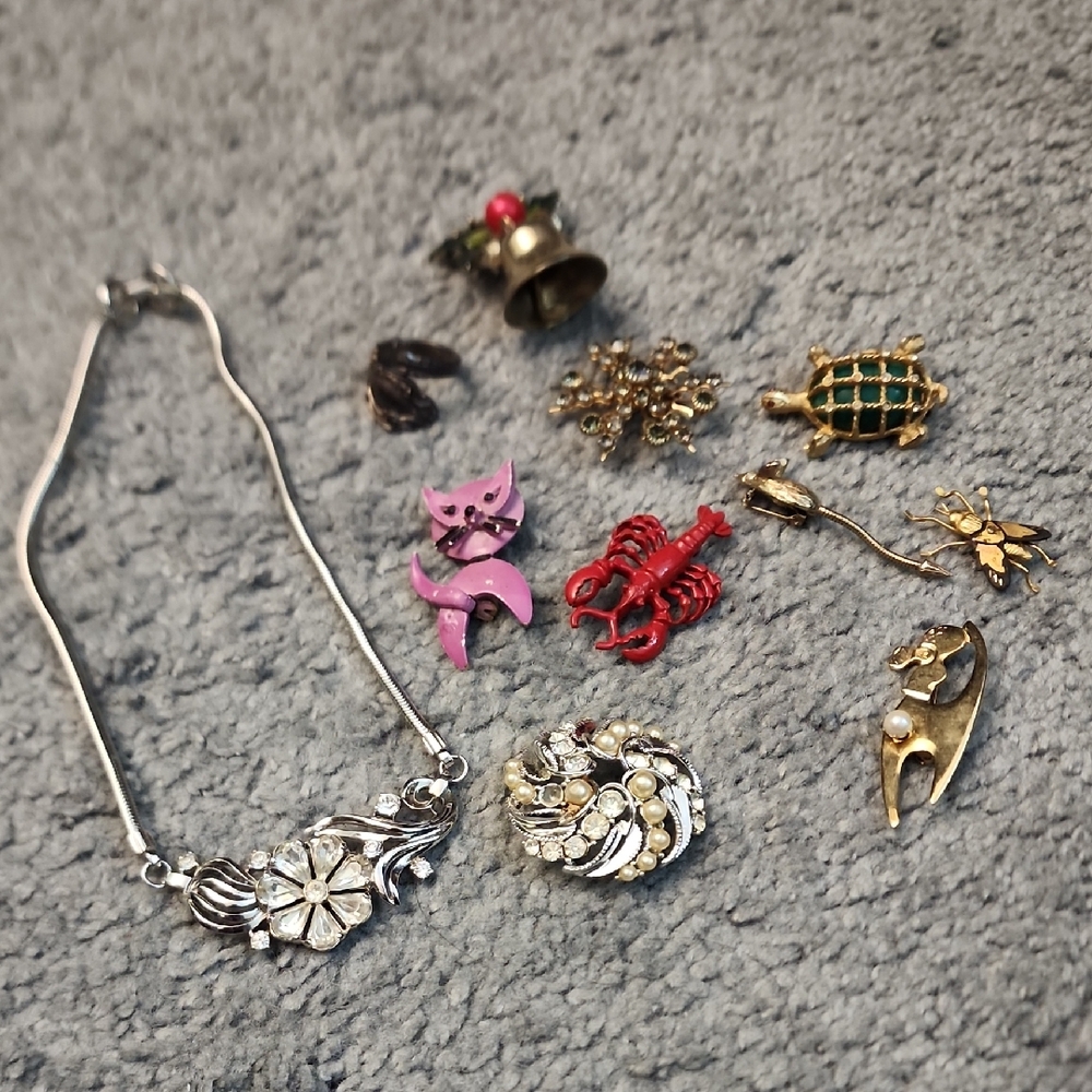 Vintage Jewelry Set with Silver Necklace and Brooches